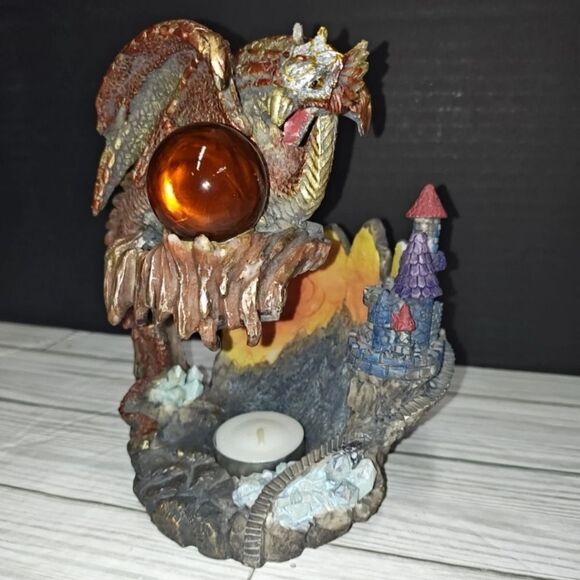 Vintage Red Gold Mythical Fantasy Perched Dragon Castle Tea Light Candle Holder - Picture 12 of 12